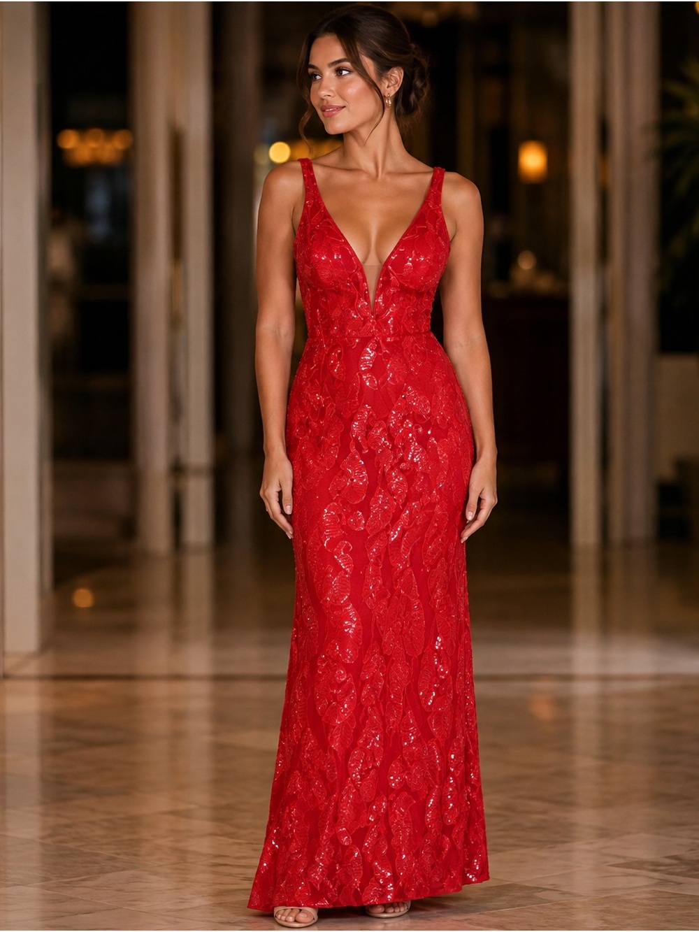 Jovani Red Sequin Plunge V-Neck Evening Gown